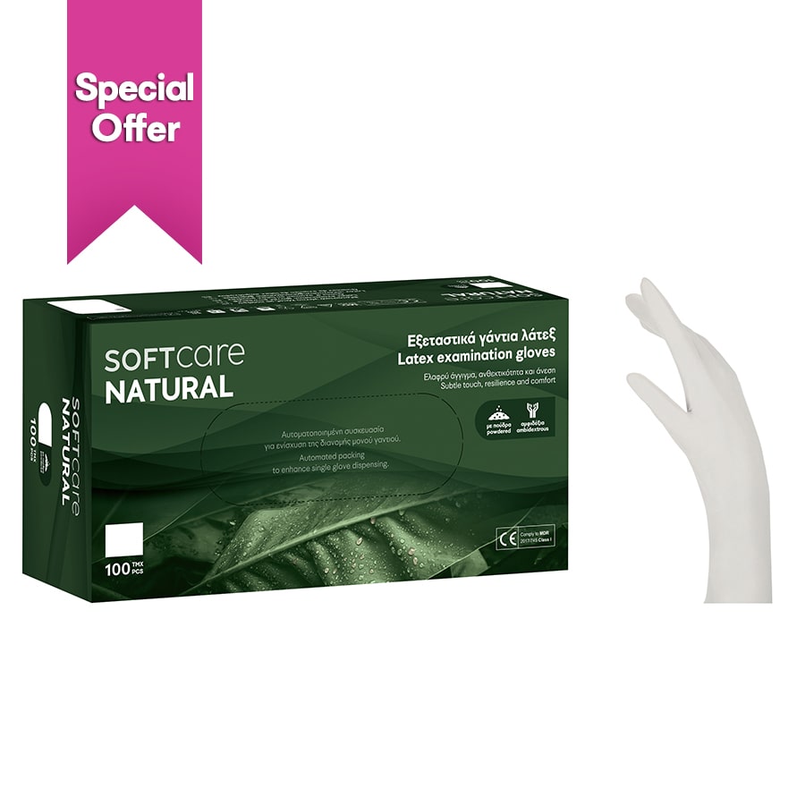 Γάντια Latex Soft Care ΝΑΤURAL με πούδρα - λευκά 100τμχ